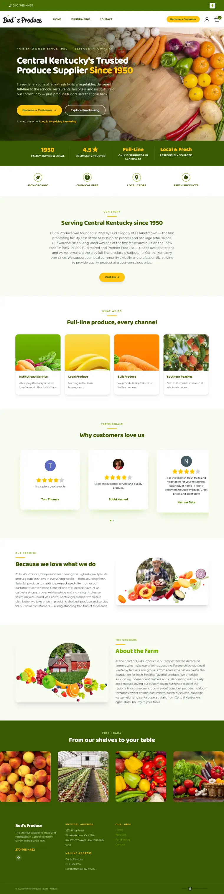The Bud's Produce website, full page