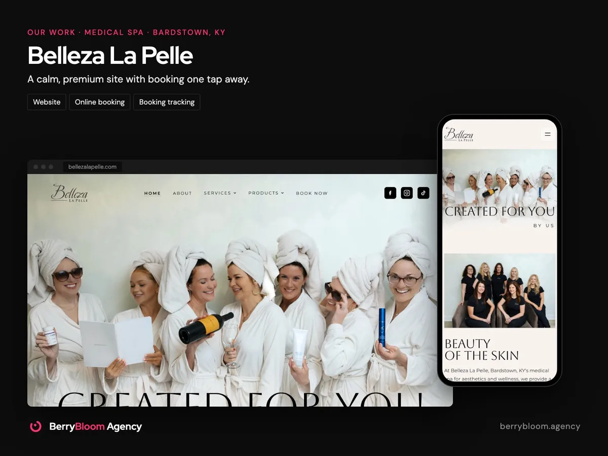 Belleza La Pelle, a medical spa in Bardstown, Kentucky: desktop and phone views of the website we built, with online booking
