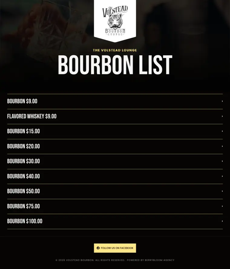 The Volstead Bourbon Lounge website, full page