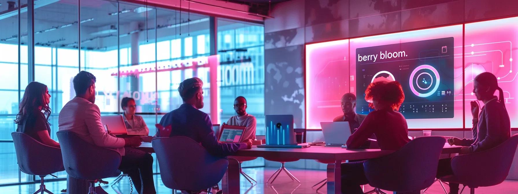 Group of professionals in a modern office setting discussing digital marketing strategies, with a prominent display showing "berry bloom" and data visualizations, emphasizing collaboration in financial services marketing.
