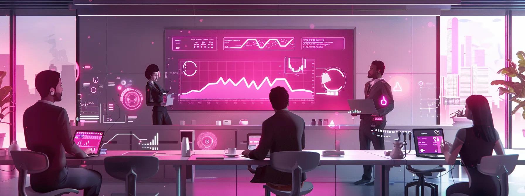 Group of professionals in a modern office analyzing digital marketing data on screens, showcasing healthcare retargeting strategies and patient engagement metrics.