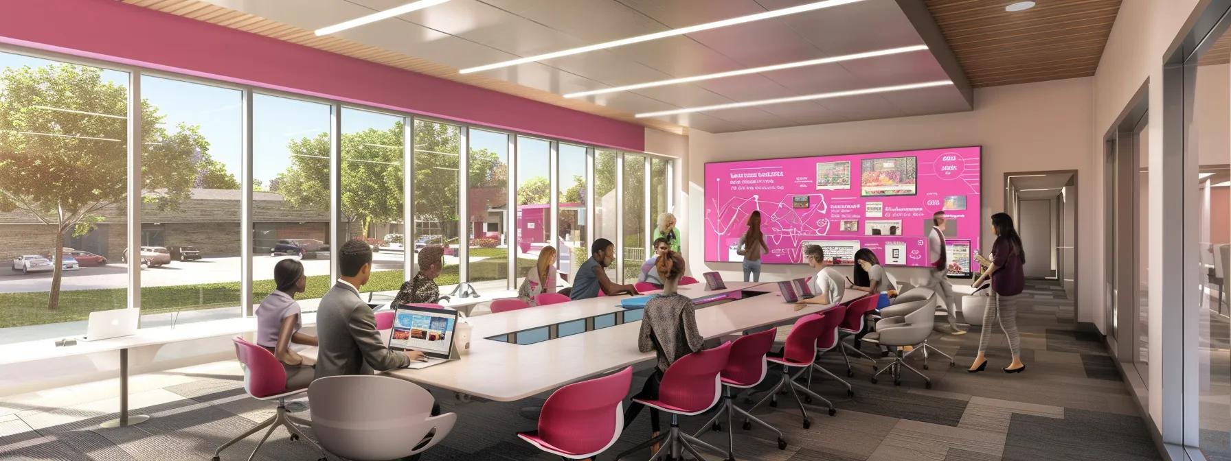 Modern office setting with a collaborative workspace, featuring a long table surrounded by diverse individuals engaged in discussions and using laptops, vibrant pink accents, large windows providing natural light, and a digital display showcasing healthcare marketing strategies.
