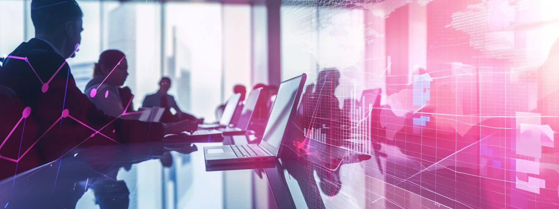 Modern office setting with professionals discussing digital marketing strategies, featuring laptops and data visualization elements, emphasizing healthcare marketing and patient engagement.