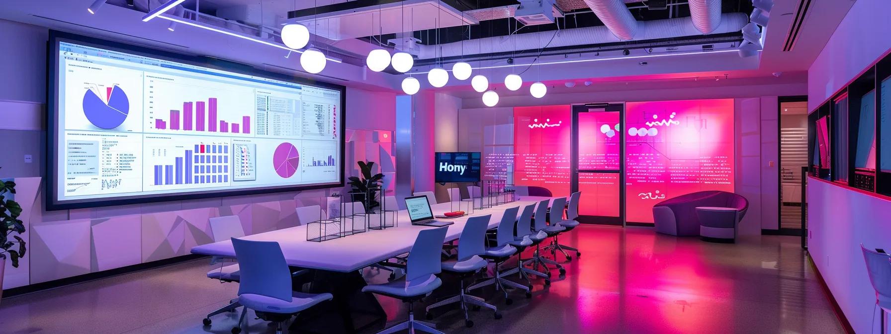 Sleek modern office space featuring a large screen displaying colorful data charts, collaborative workspace with a white table and ergonomic chairs, and vibrant pink lighting, representing innovative digital marketing strategies for healthcare by BerryBloom Agency.