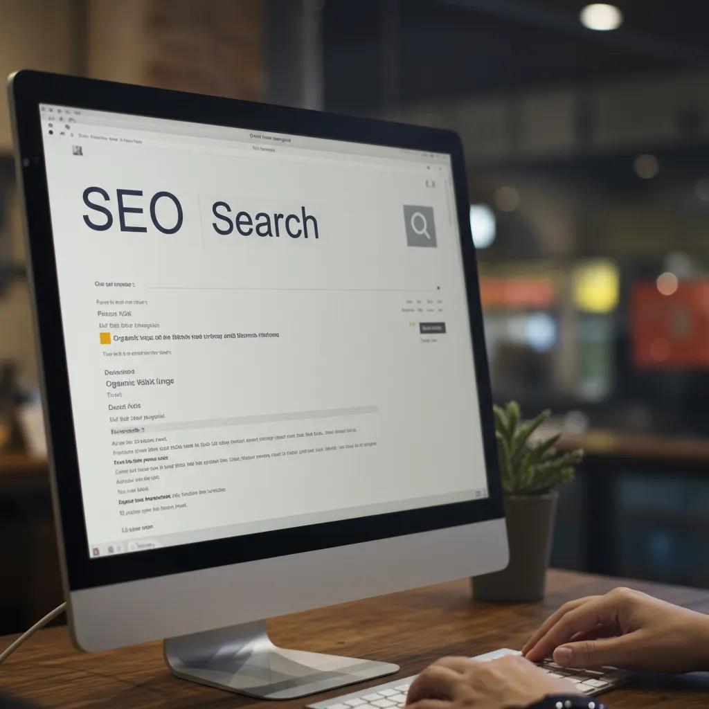 Computer screen displaying SEO search query results, emphasizing digital marketing strategies for small businesses, with hands typing on keyboard and a plant in the background.