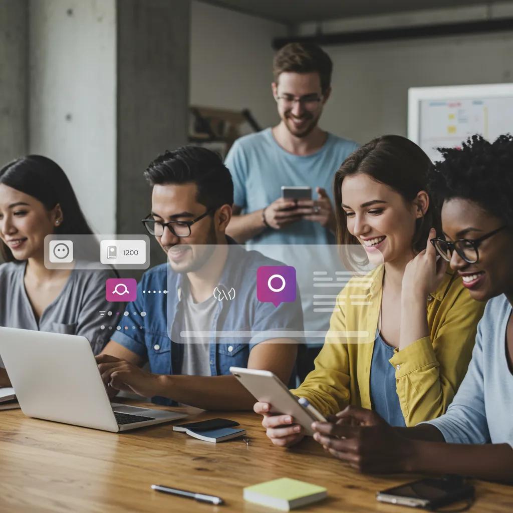 Diverse group of people engaging with social media in a modern workspace, highlighting interaction and creativity