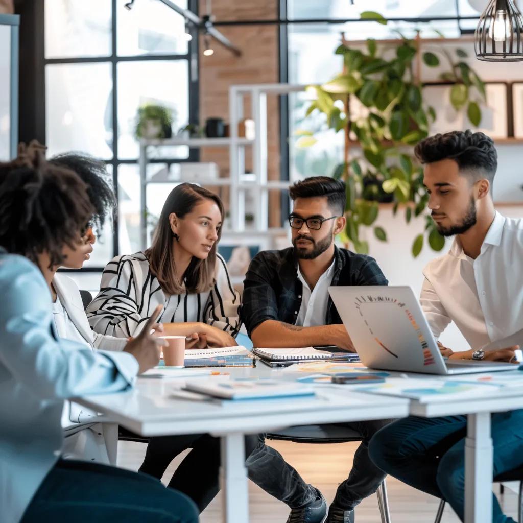 Diverse small business owners collaborating on multilayer marketing strategies in a modern workspace