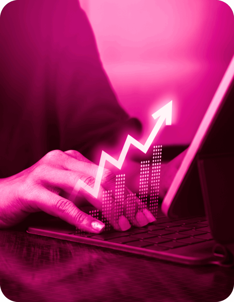 Person typing on a keyboard with a digital upward trend graph overlay, symbolizing growth and marketing clarity for BerryBloom Agency.