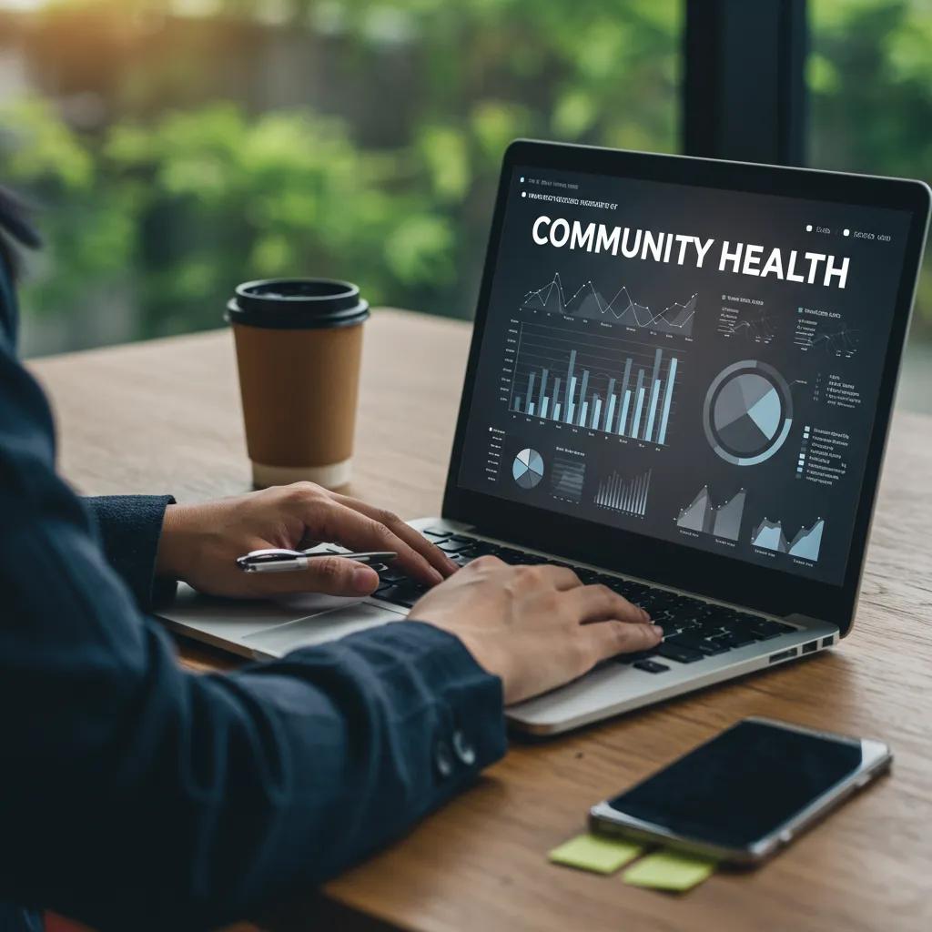 Person analyzing community health metrics on a laptop, displaying data visualizations and graphs, with a coffee cup and smartphone on a wooden table.