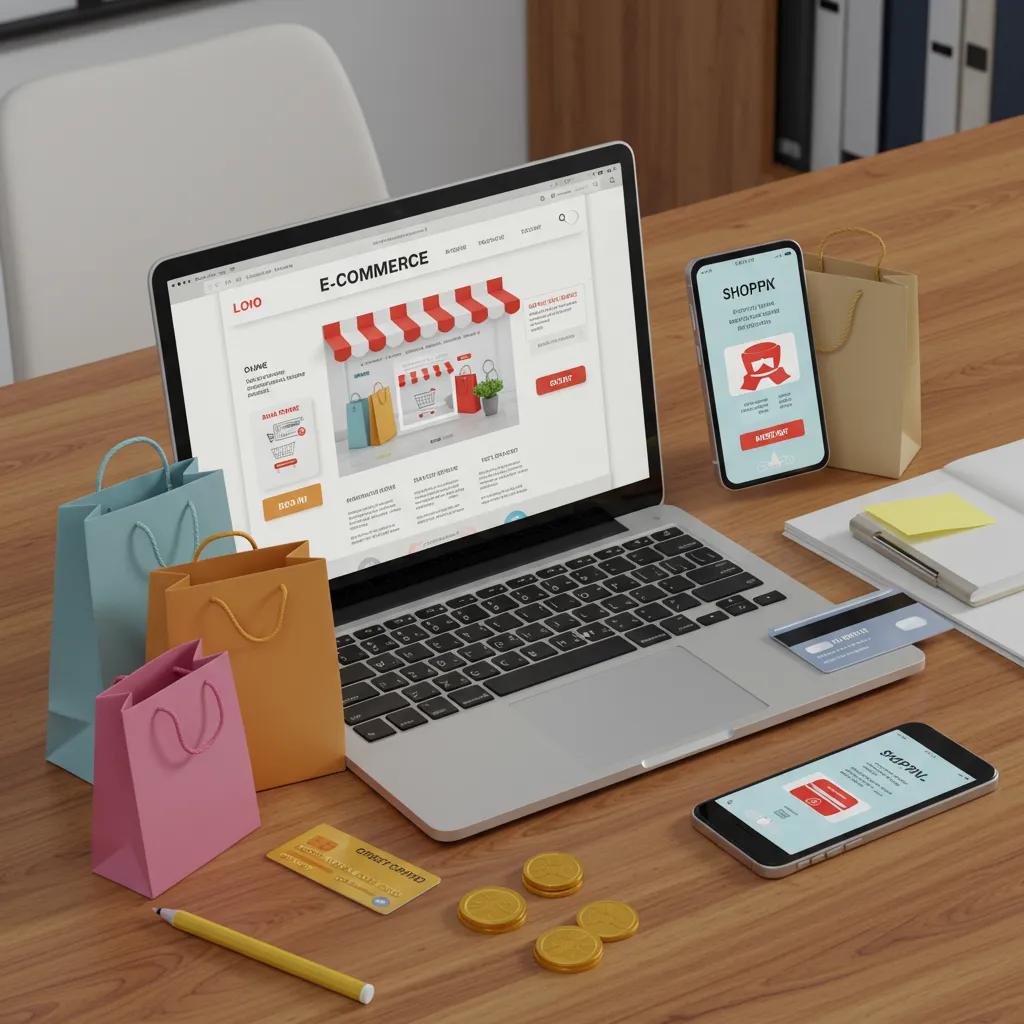 Modern e-commerce website displayed on a laptop with shopping elements, emphasizing online shopping experience