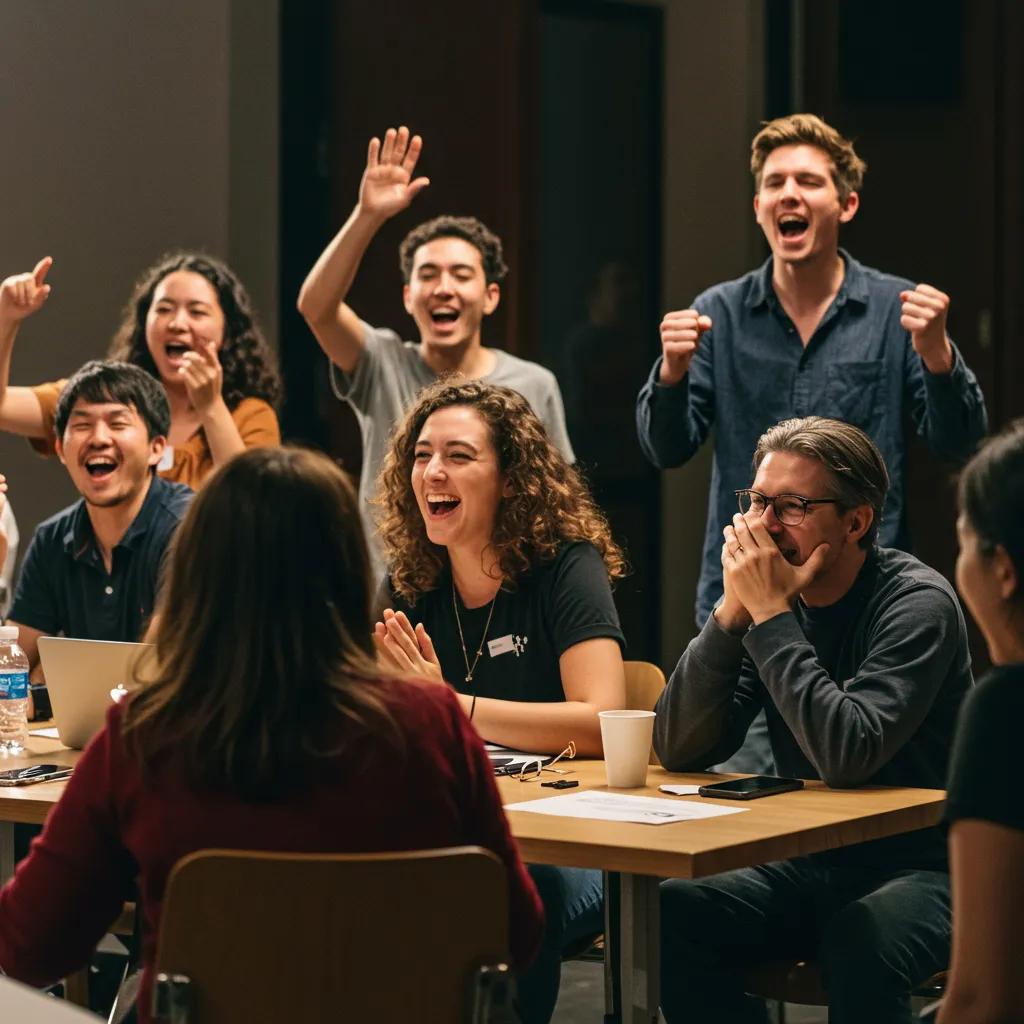 Group of diverse participants enthusiastically engaging in a community event, showcasing interaction and excitement, with visible expressions of joy and support.