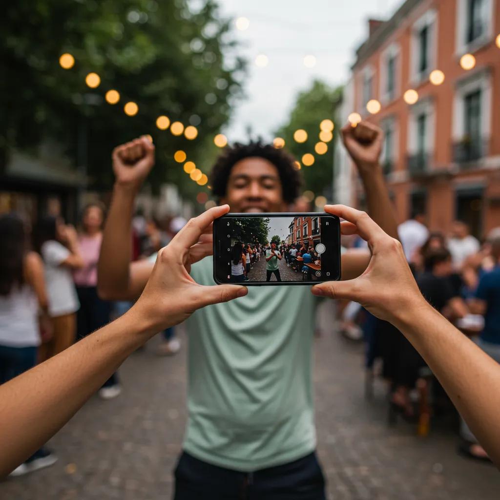 Person filming a short-form video on a smartphone in an outdoor setting, illustrating the engagement of video content