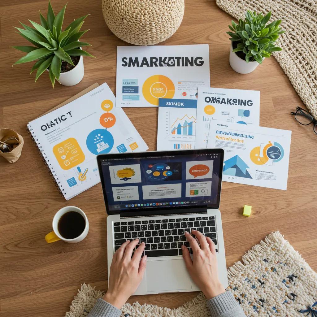 Small business owner in a cozy workspace using a laptop to develop digital marketing strategies