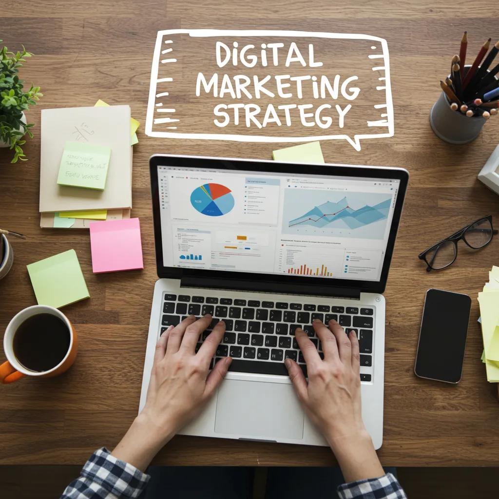 Small business owner working on digital marketing strategy in a cozy workspace